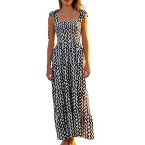 ANRABESS summer maxi dress smocked square neck black and white wavy pattern. S/M